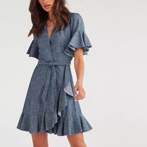 7 For All Mankind Flutter Sleeve Wrap Dress in Indigo Sky S
